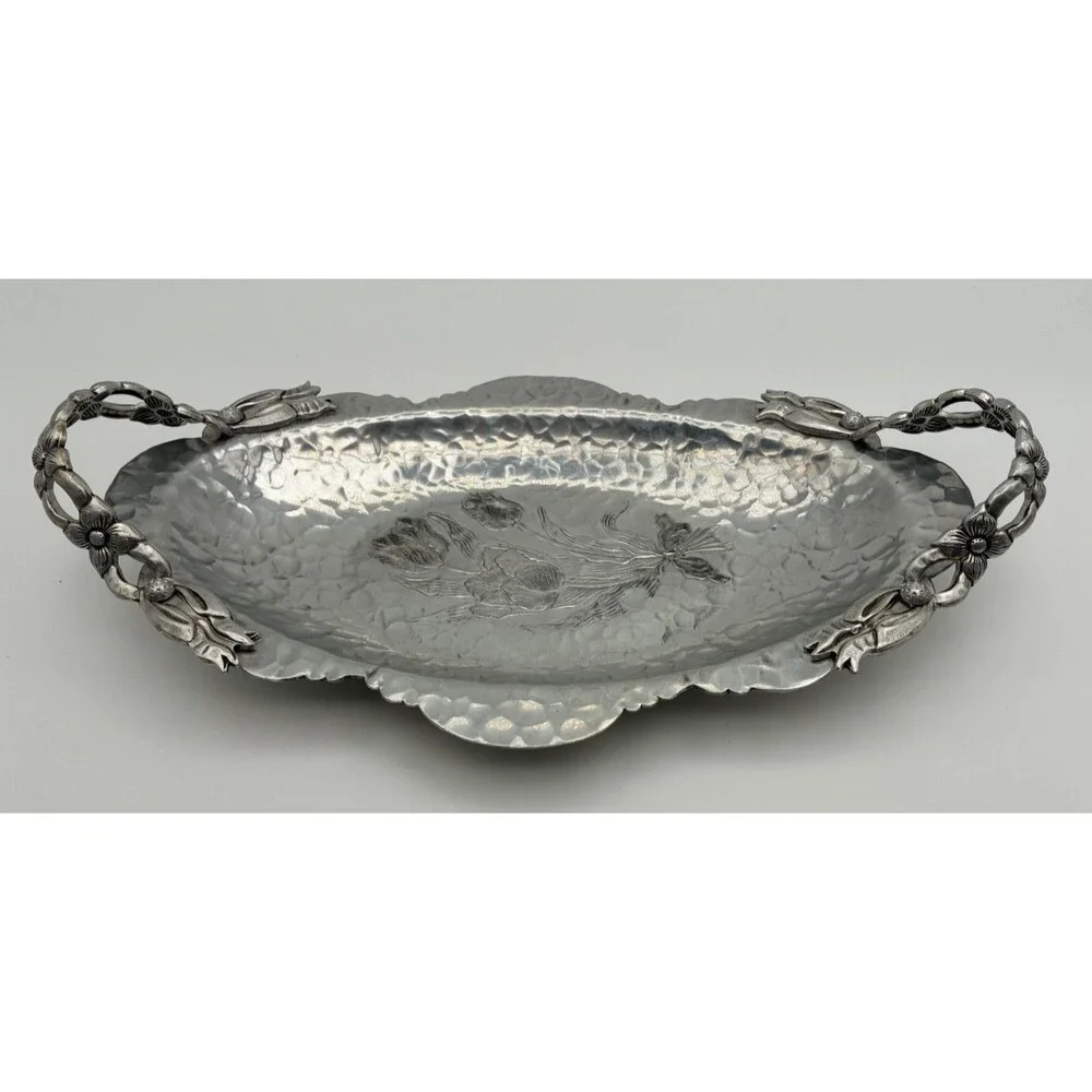 Vintage Rodney Kent Hand Wrought Hammered Aluminum TULIP Oval Tray w Handles 14